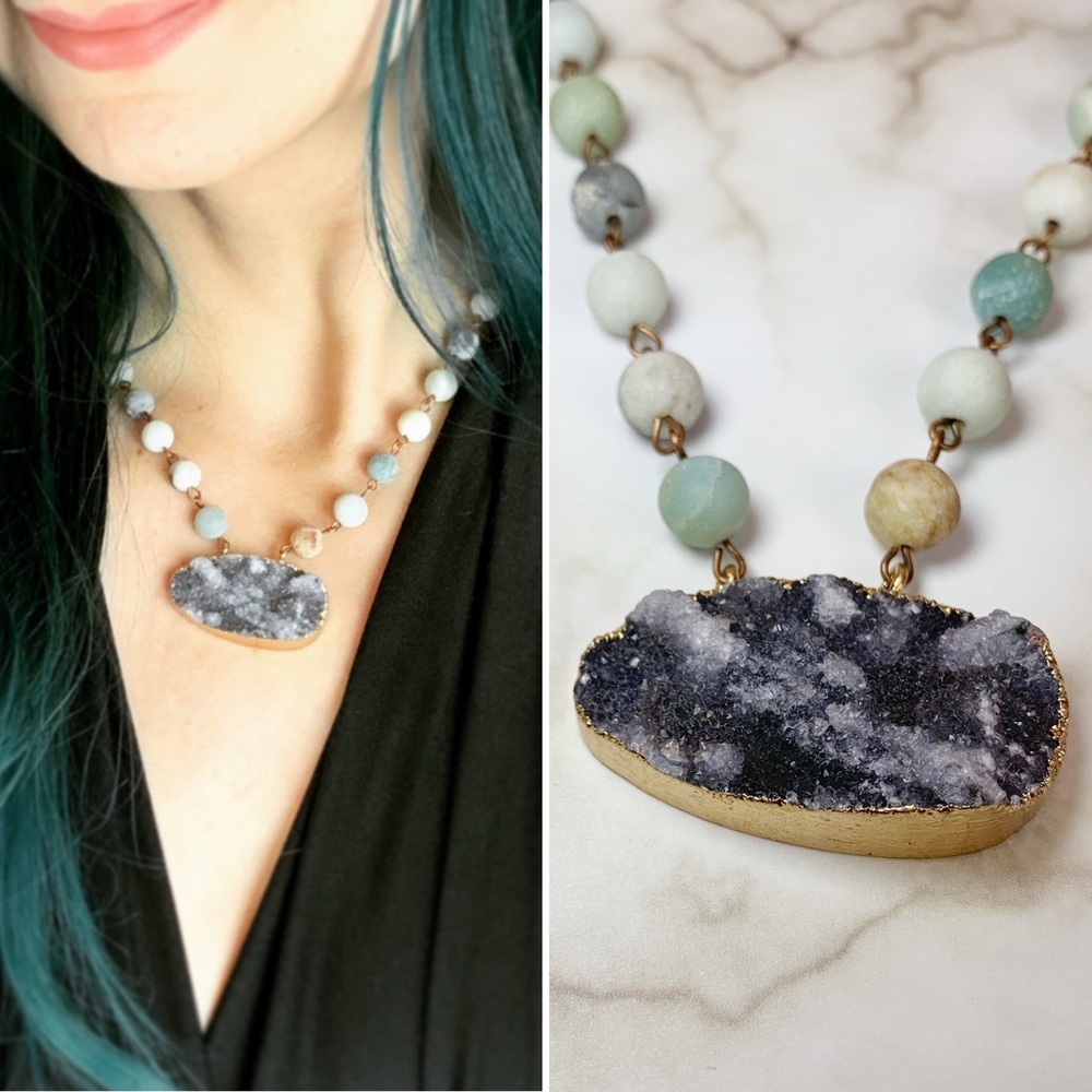 Black Druzy Choker with Natural Amazonite Beads